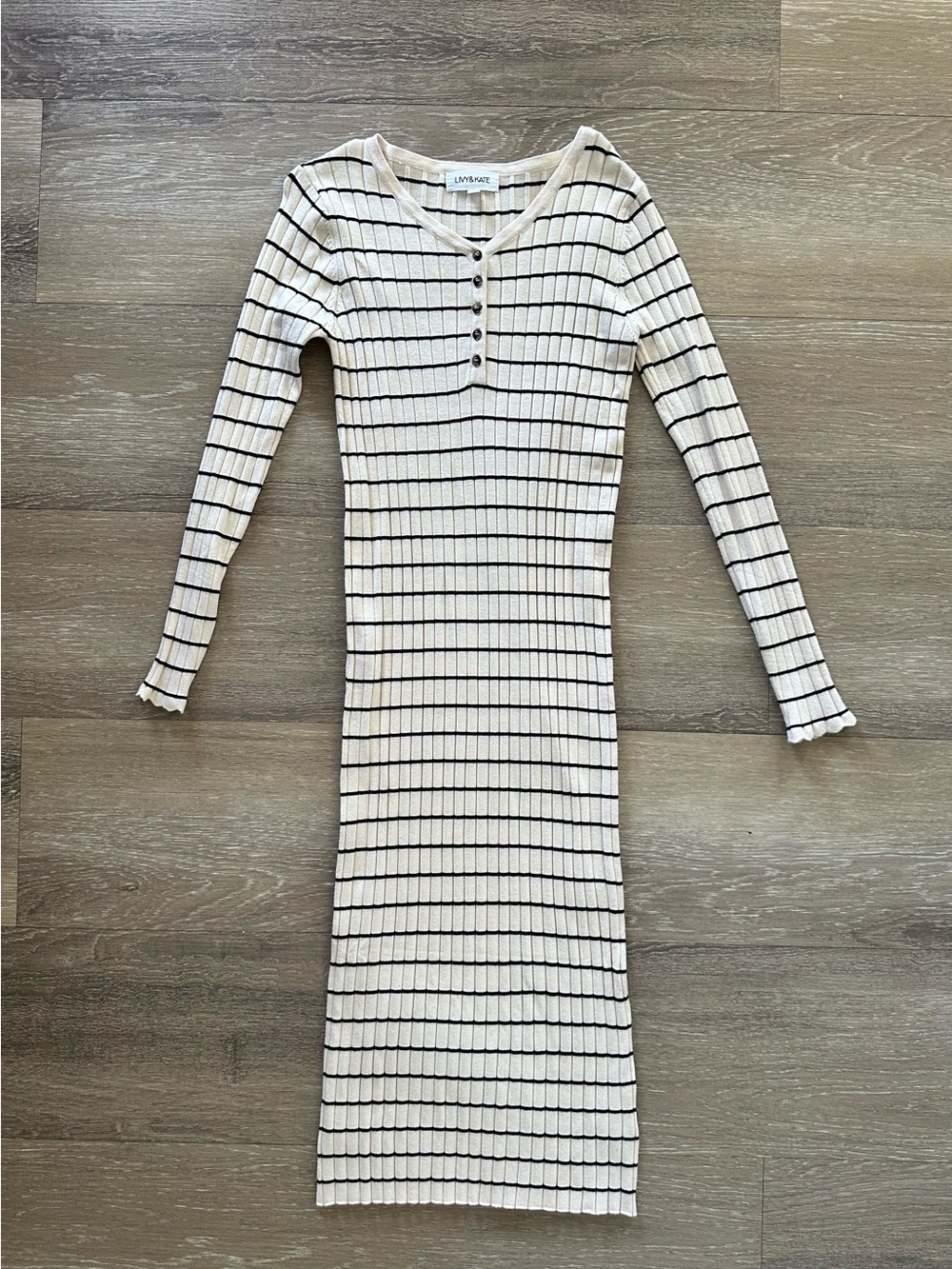 Livy & Kate Striped Ribbed Henley Midi Dress in Cream and Black